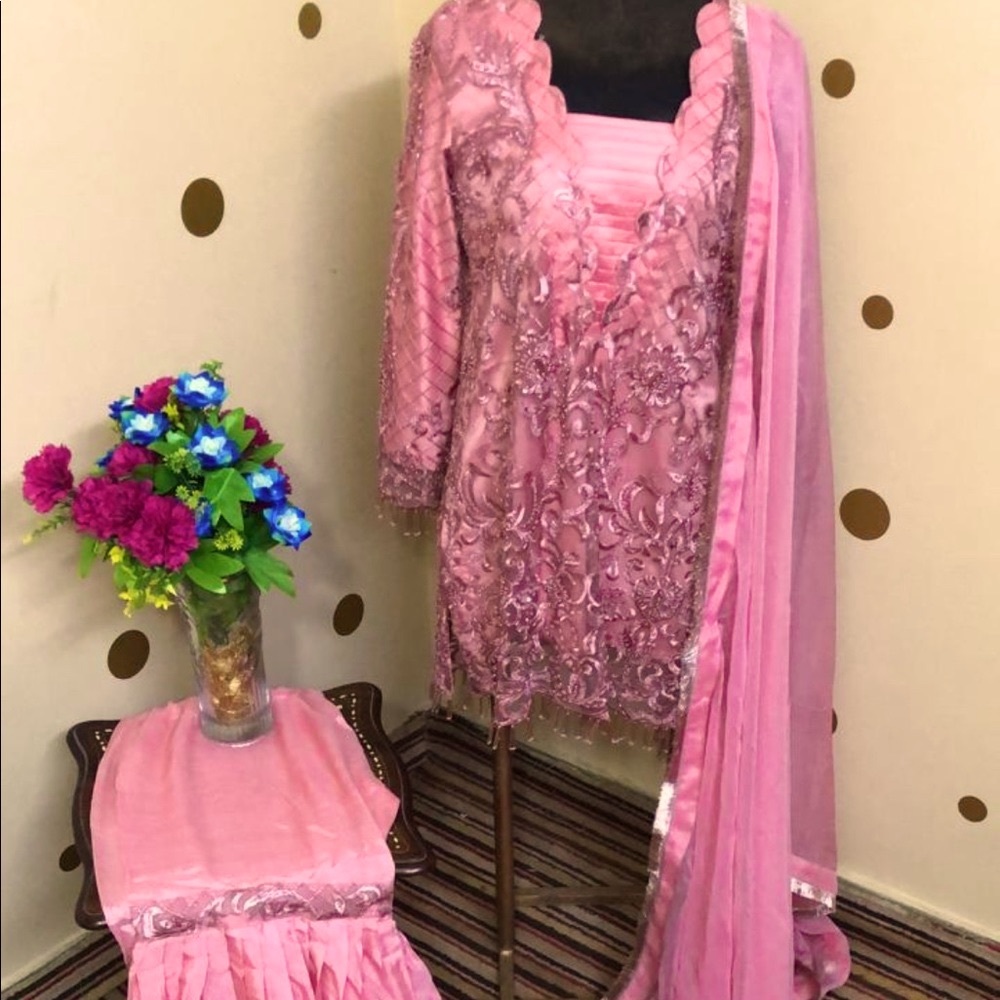 Pink Gharara Heavy Fancy Pakistani Indian Sharara 3 piece suit Formal small